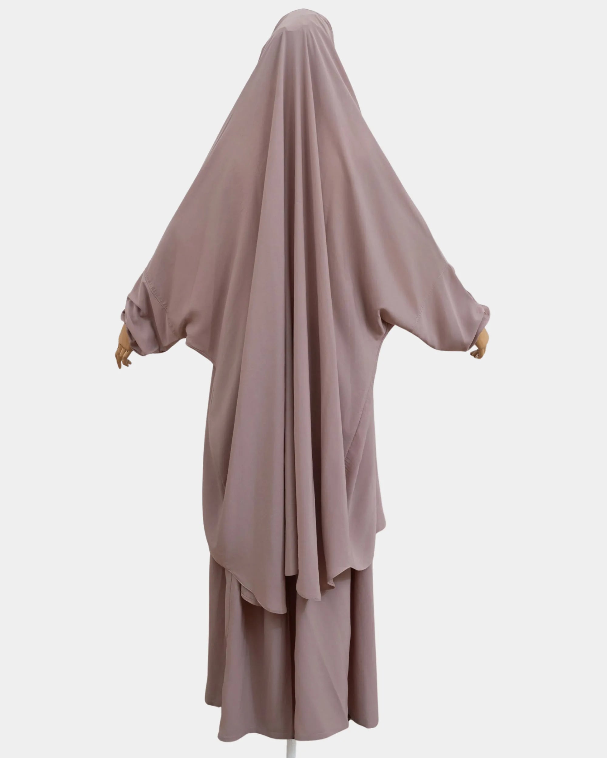 Vue de dos du jilbab 2 pièces taupe clair, coupe ample et non moulante