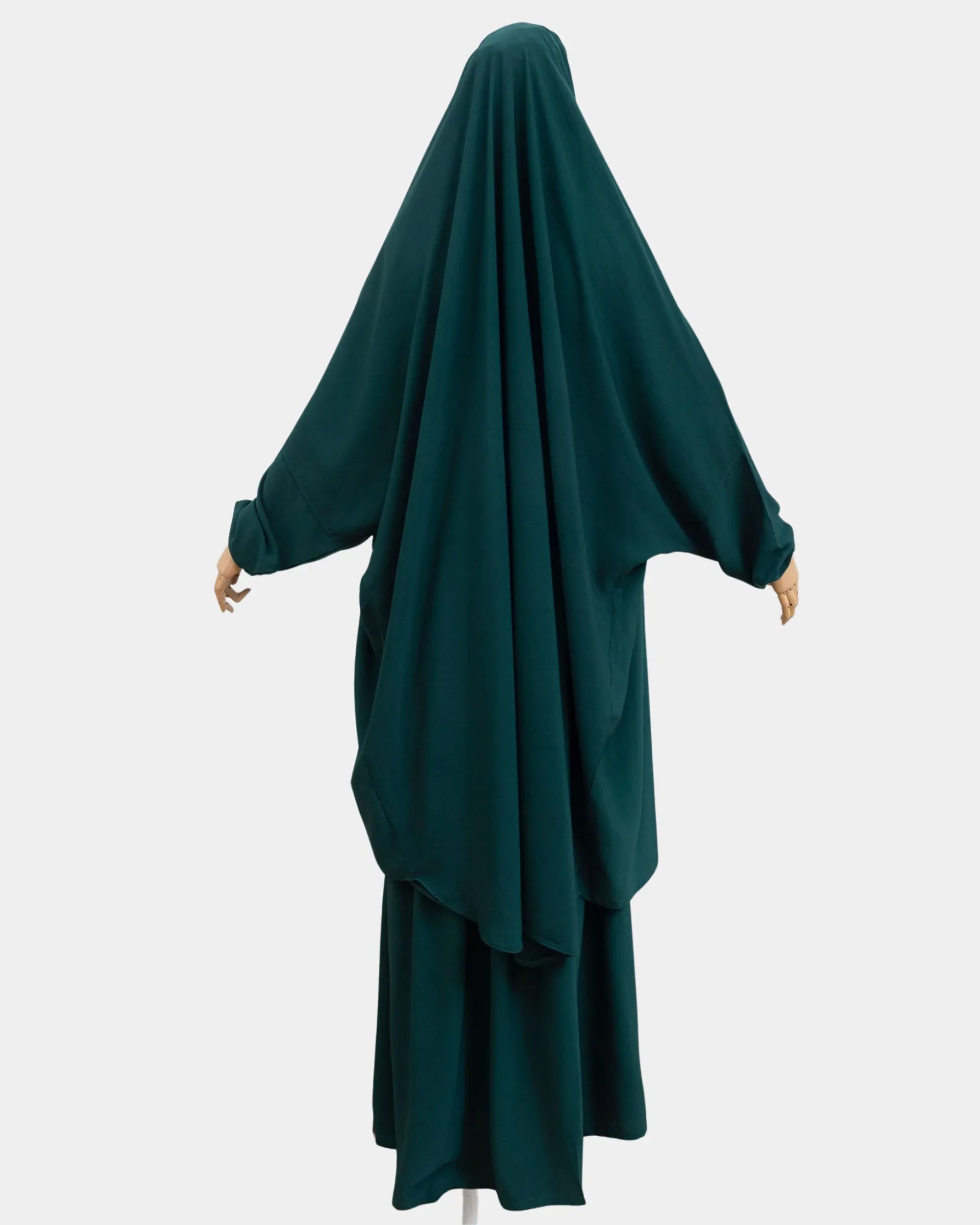 Vue de dos du jilbab 2 pièces vert forêt, coupe ample et non moulante