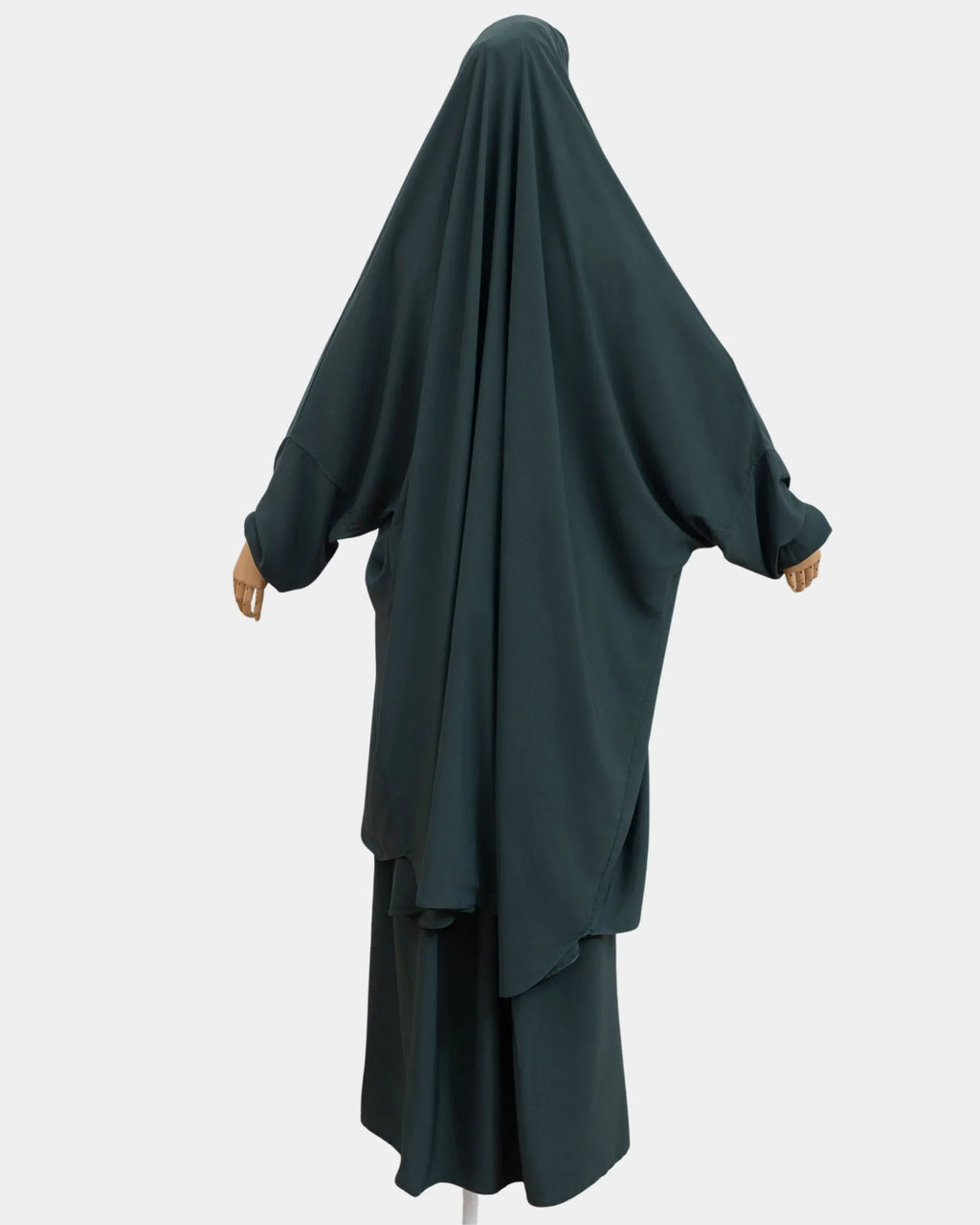 Vue de dos du jilbab 2 pièces vert kaki, coupe ample et non moulante
