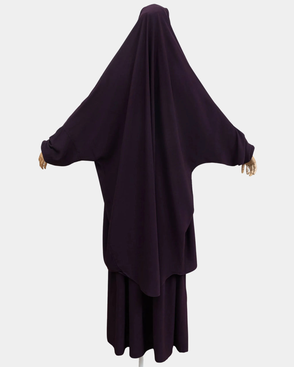 Vue de dos du jilbab 2 pièces violet framboise, coupe ample et non moulante