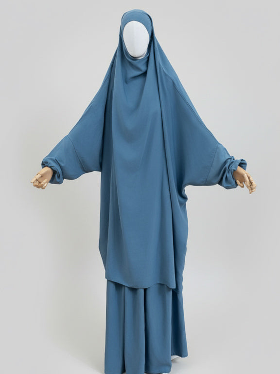 jilbab 2 pièces bleu jeans de face