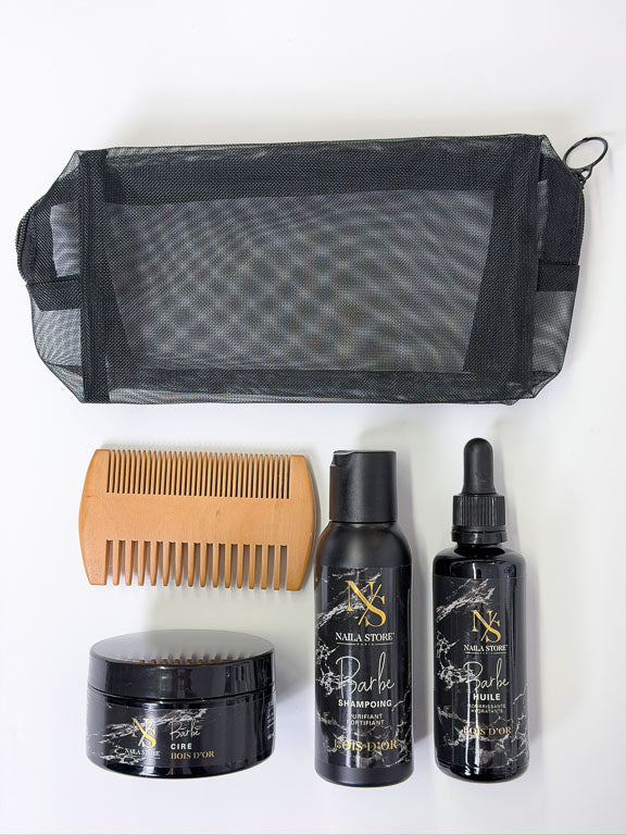 Kit soins barbe - Bois d'Or - Peigne - Huile de barbe - Cire - Shampoing