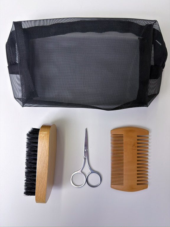 kit de soin barbe avec peigne, brosse, ciseaux et trousse