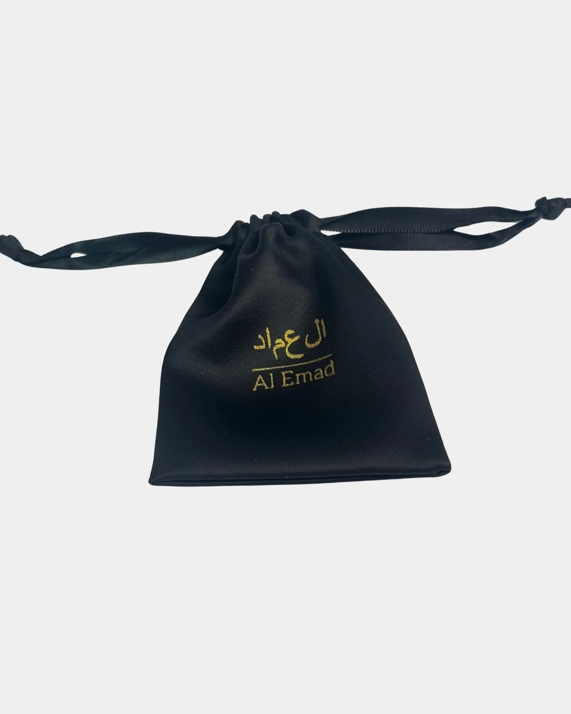 Pochon en satin noir pour tasbih, logo Al Emad doré