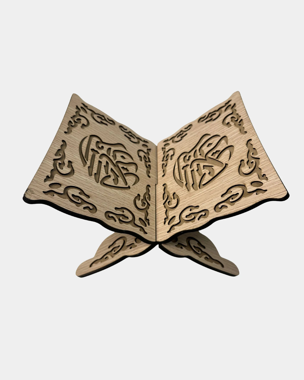 Porte-Coran en bois beige, forme pliante avec gravures islamiques