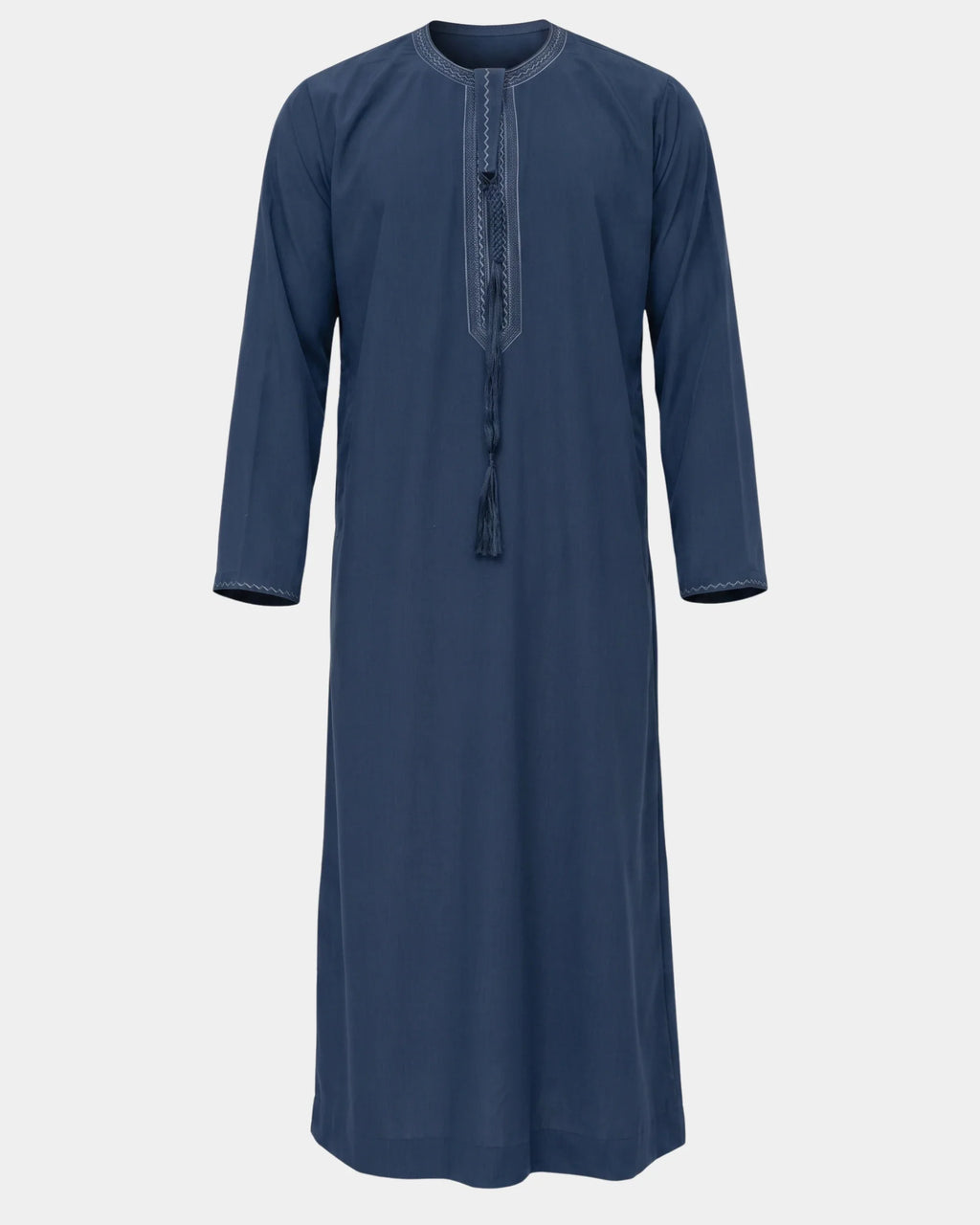Qamis émirati bleu marine Al Rezam vue de face, col rond brodé et tarbousha