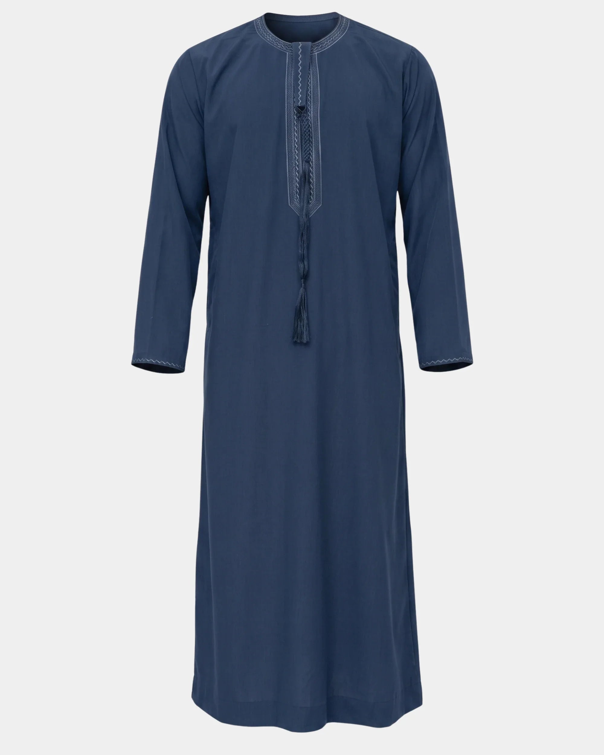 Qamis émirati bleu marine Al Rezam vue de face, col rond brodé et tarbousha