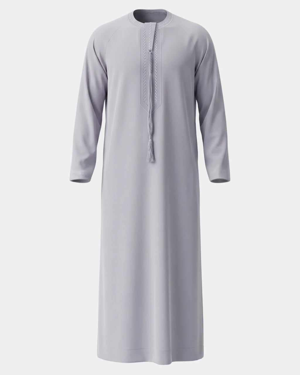 Qamis émirati gris Al Rezam vue de face, col rond brodé et tarbousha