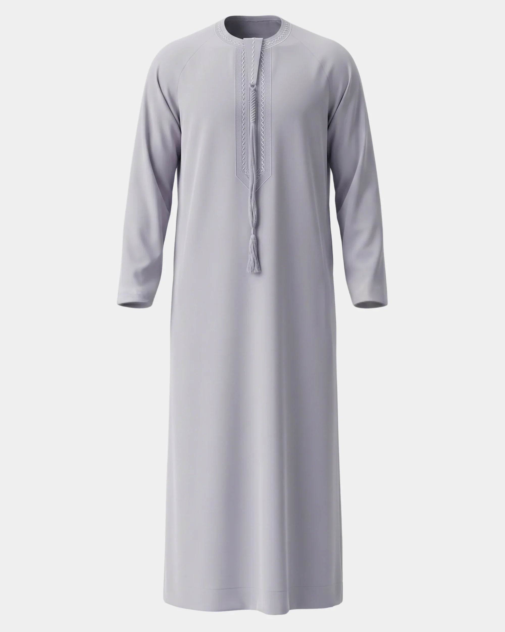 Qamis émirati gris Al Rezam vue de face, col rond brodé et tarbousha