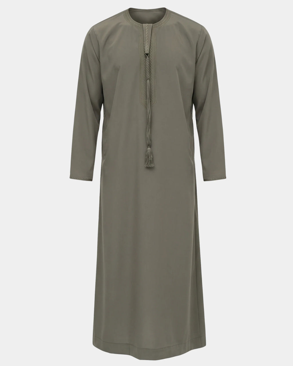 Qamis émirati kaki Al Rezam vue de face, col rond brodé et tarbousha
