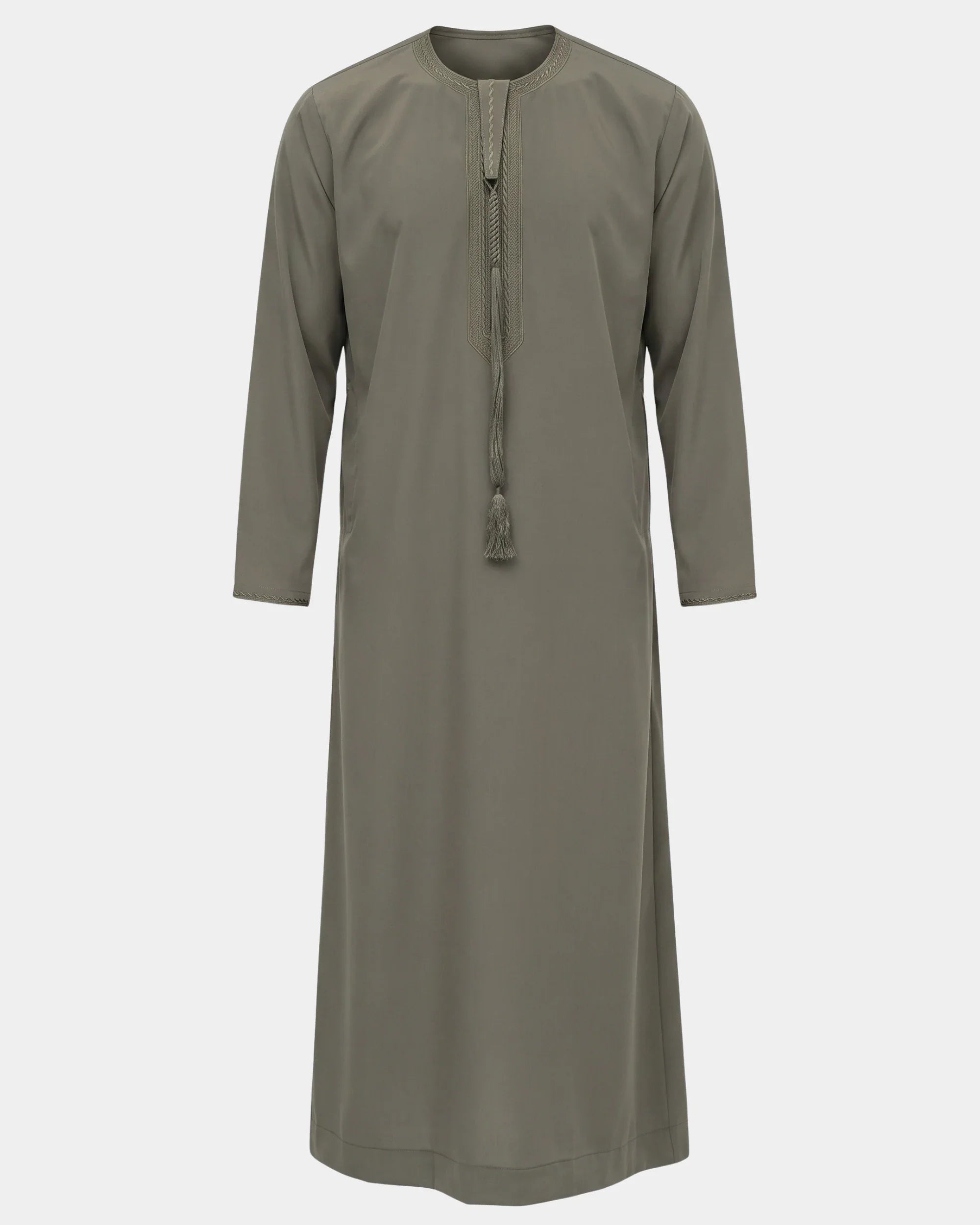 Qamis émirati kaki Al Rezam vue de face, col rond brodé et tarbousha