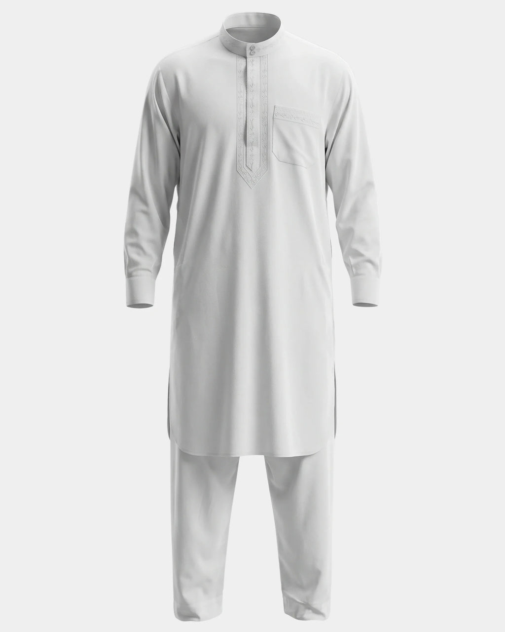 Ensemble qamis-pantalon pakistanais blanc Al Rezam, qamis court brodé et pantalon assorti, vue de face
