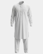 Ensemble qamis-pantalon pakistanais blanc Al Rezam, qamis court brodé et pantalon assorti, vue de face