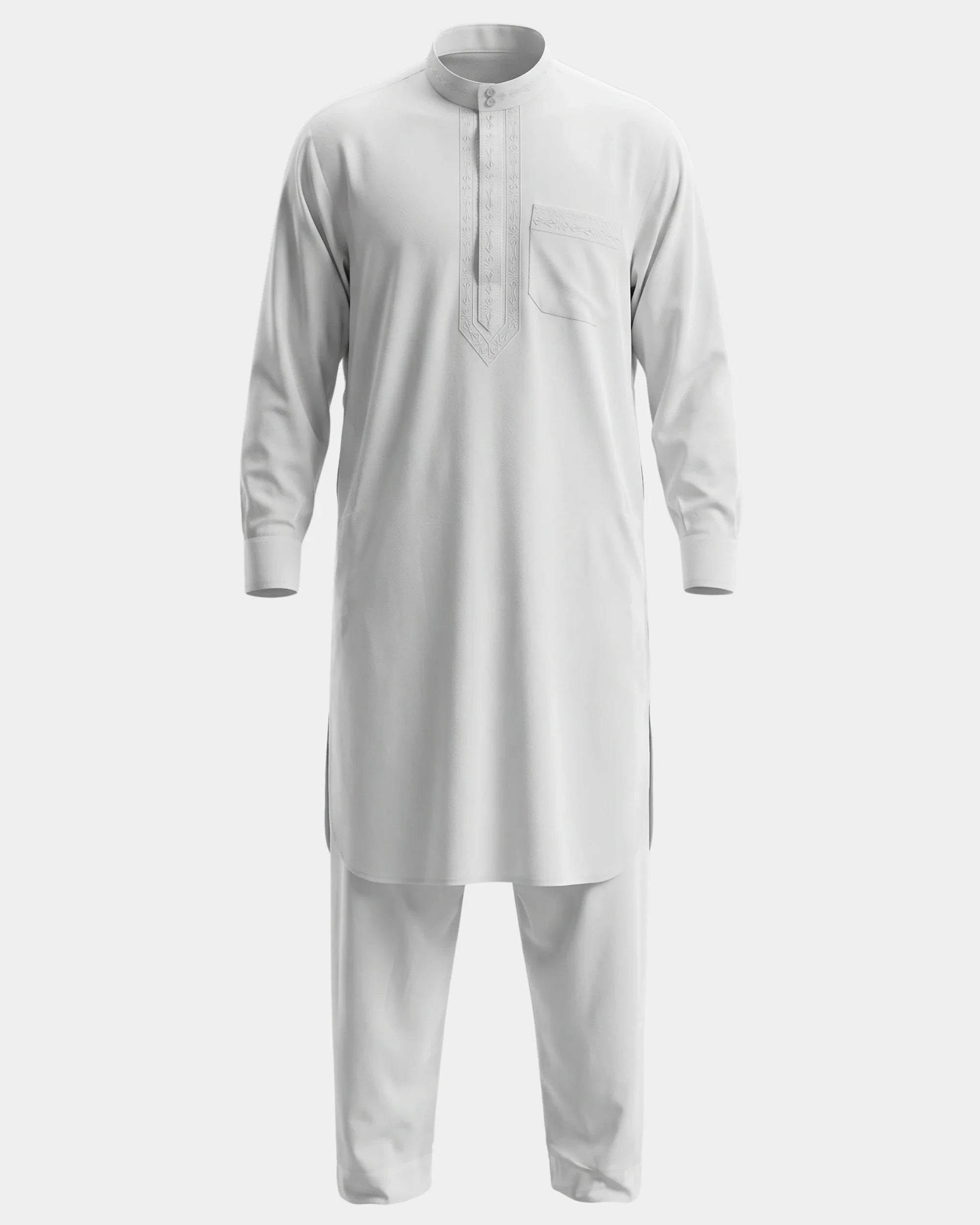 Ensemble qamis-pantalon pakistanais blanc Al Rezam, qamis court brodé et pantalon assorti, vue de face