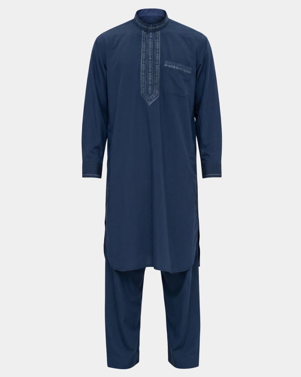 Ensemble qamis-pantalon pakistanais bleu marine Al Rezam, qamis court brodé et pantalon assorti, vue de face