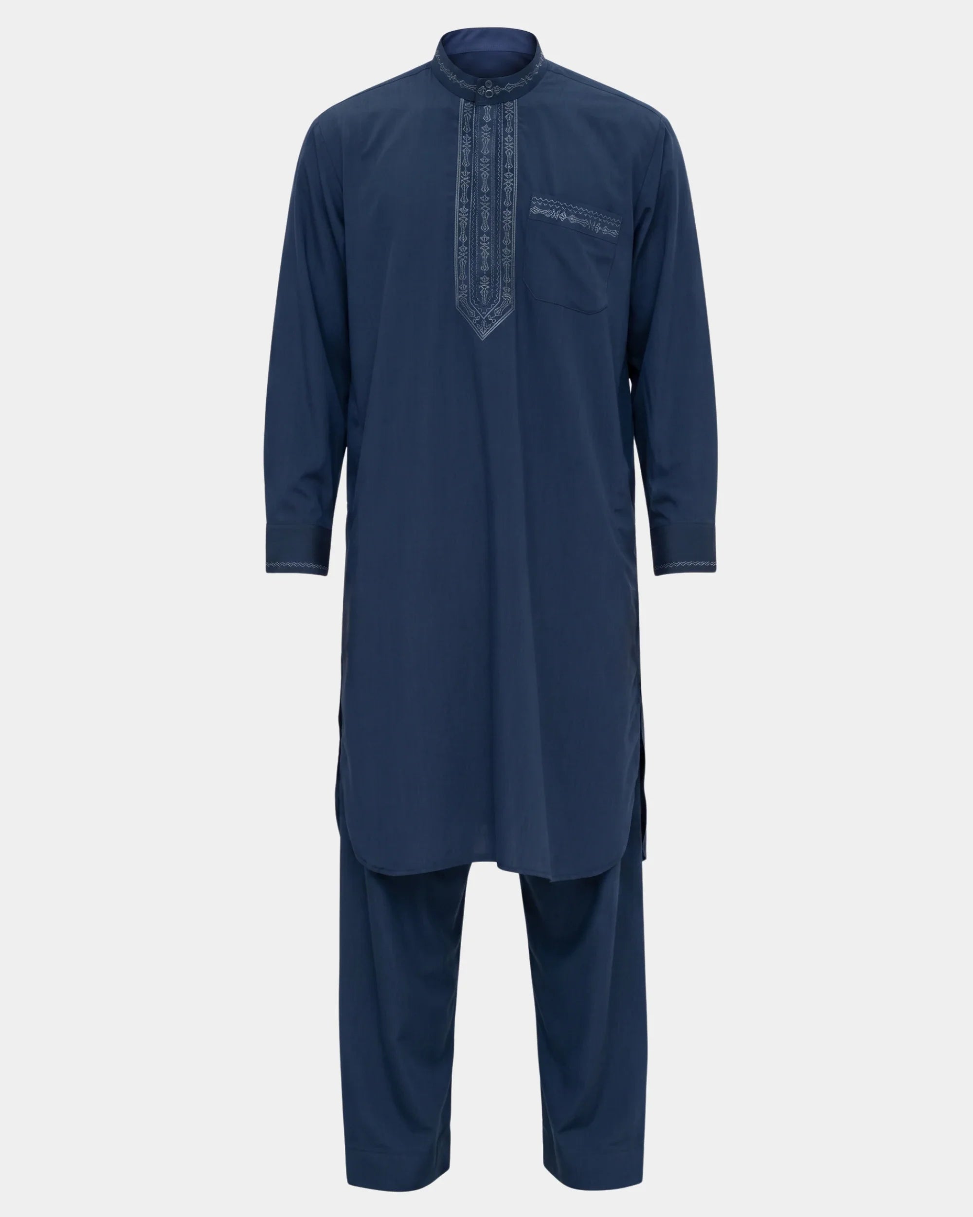 Ensemble qamis-pantalon pakistanais bleu marine Al Rezam, qamis court brodé et pantalon assorti, vue de face