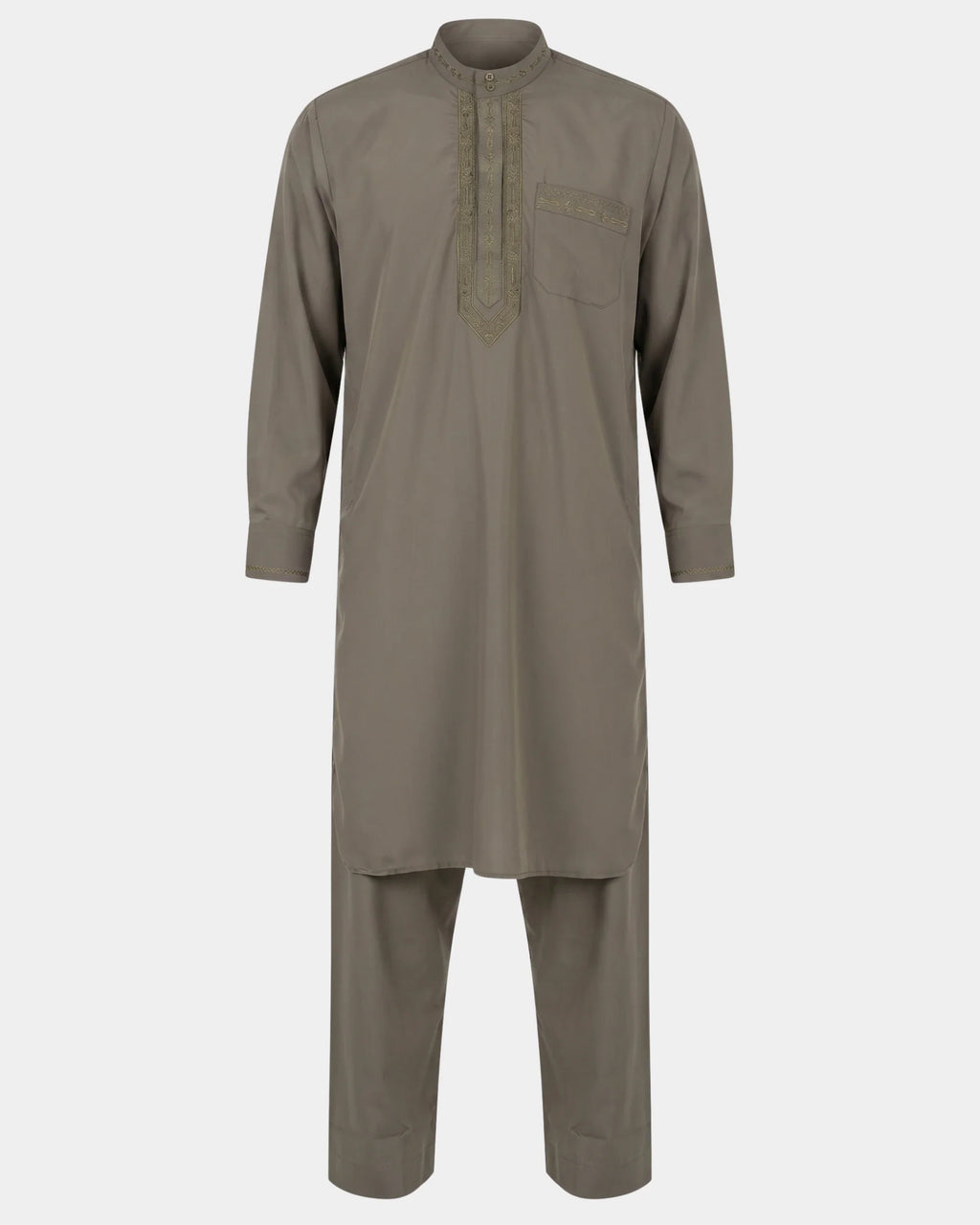 Ensemble qamis-pantalon pakistanais kaki Al Rezam, qamis court brodé et pantalon assorti, vue de face