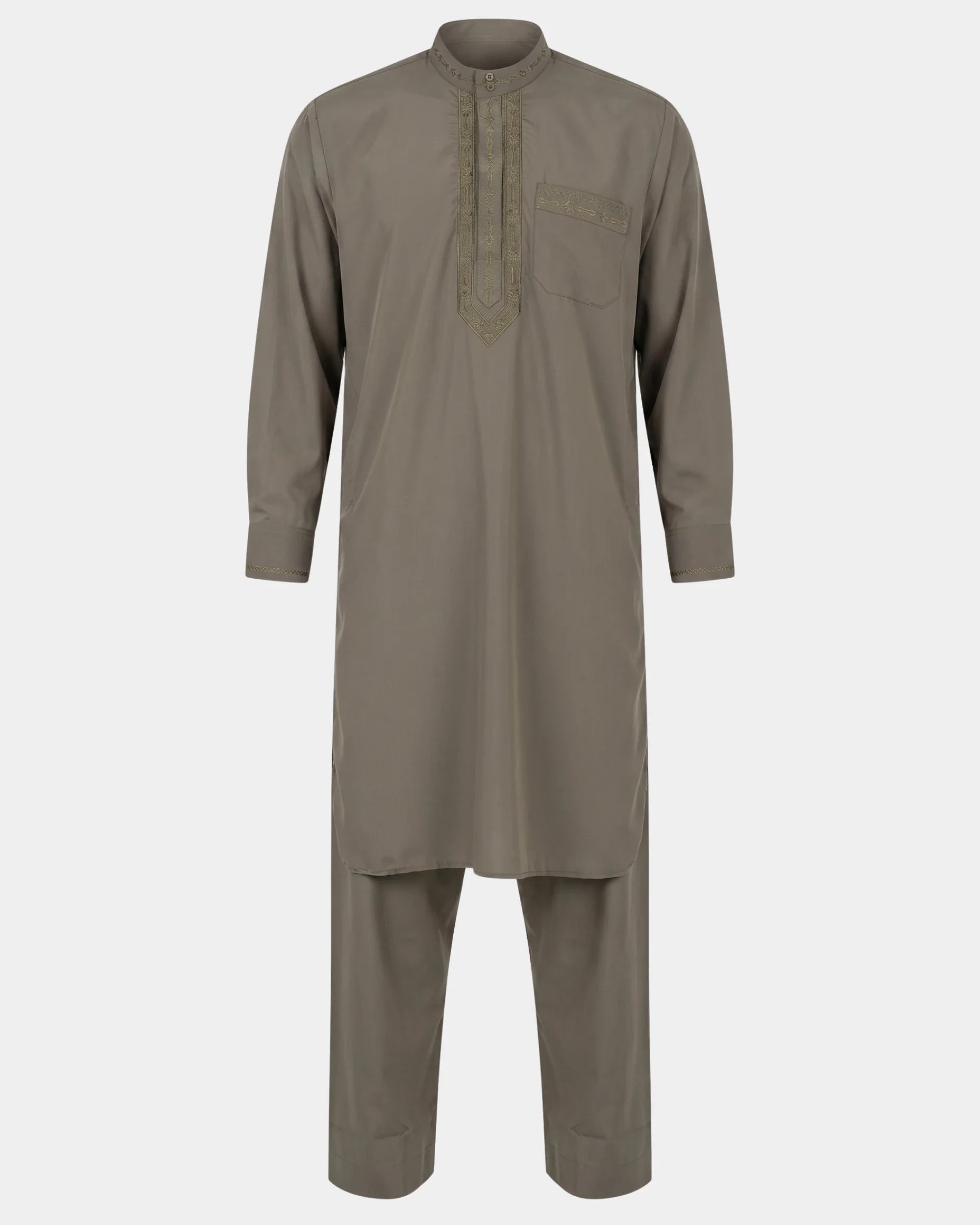 Ensemble qamis-pantalon pakistanais kaki Al Rezam, qamis court brodé et pantalon assorti, vue de face