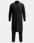 Ensemble qamis-pantalon pakistanais noir Al Rezam, qamis court brodé et pantalon assorti, vue de face