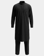 Ensemble qamis-pantalon pakistanais noir Al Rezam, qamis court brodé et pantalon assorti, vue de face
