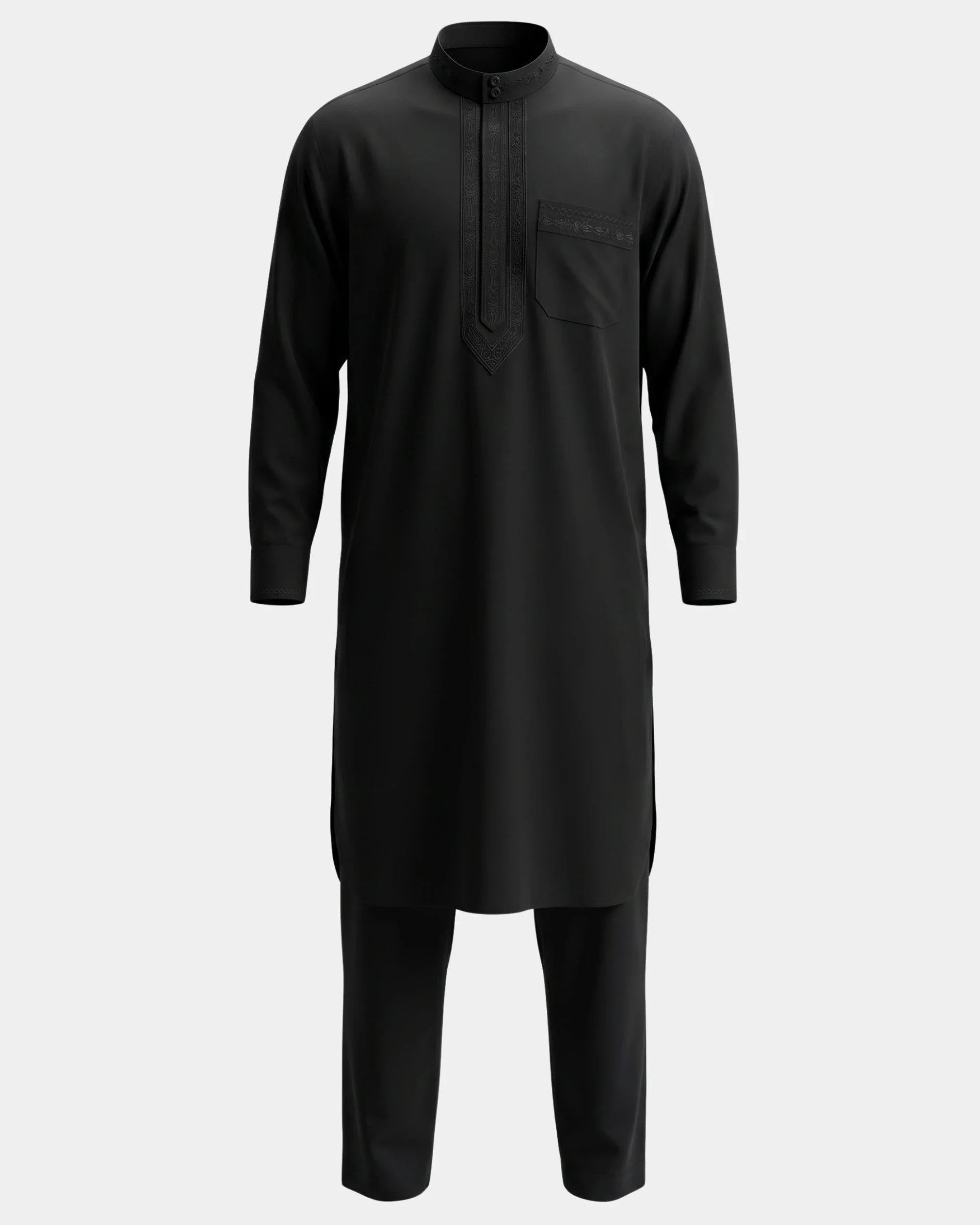 Ensemble qamis-pantalon pakistanais noir Al Rezam, qamis court brodé et pantalon assorti, vue de face