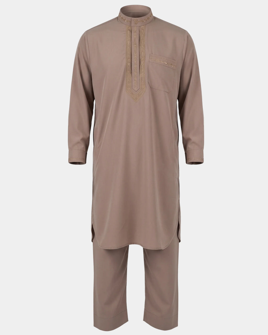 Ensemble qamis-pantalon pakistanais taupe Al Rezam, qamis court brodé et pantalon assorti, vue de face