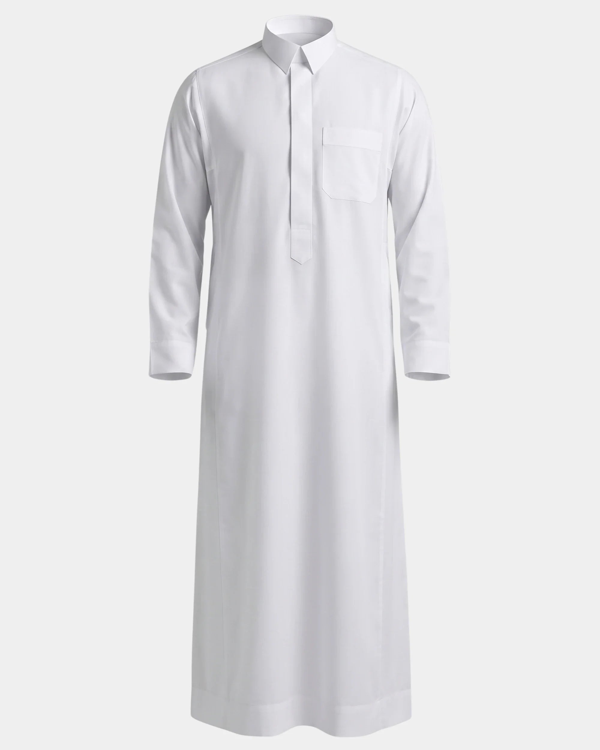 Qamis qatari blanc Al Rezam vue de face, col chemise et poche poitrine
