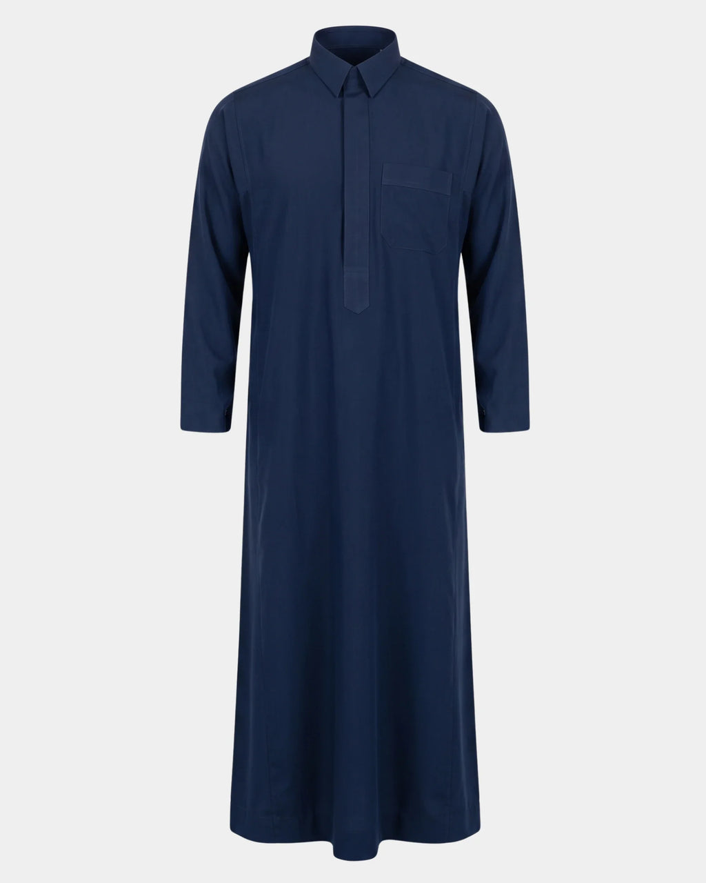 Qamis qatari bleu marine Al Rezam vue de face, col chemise et poche poitrine