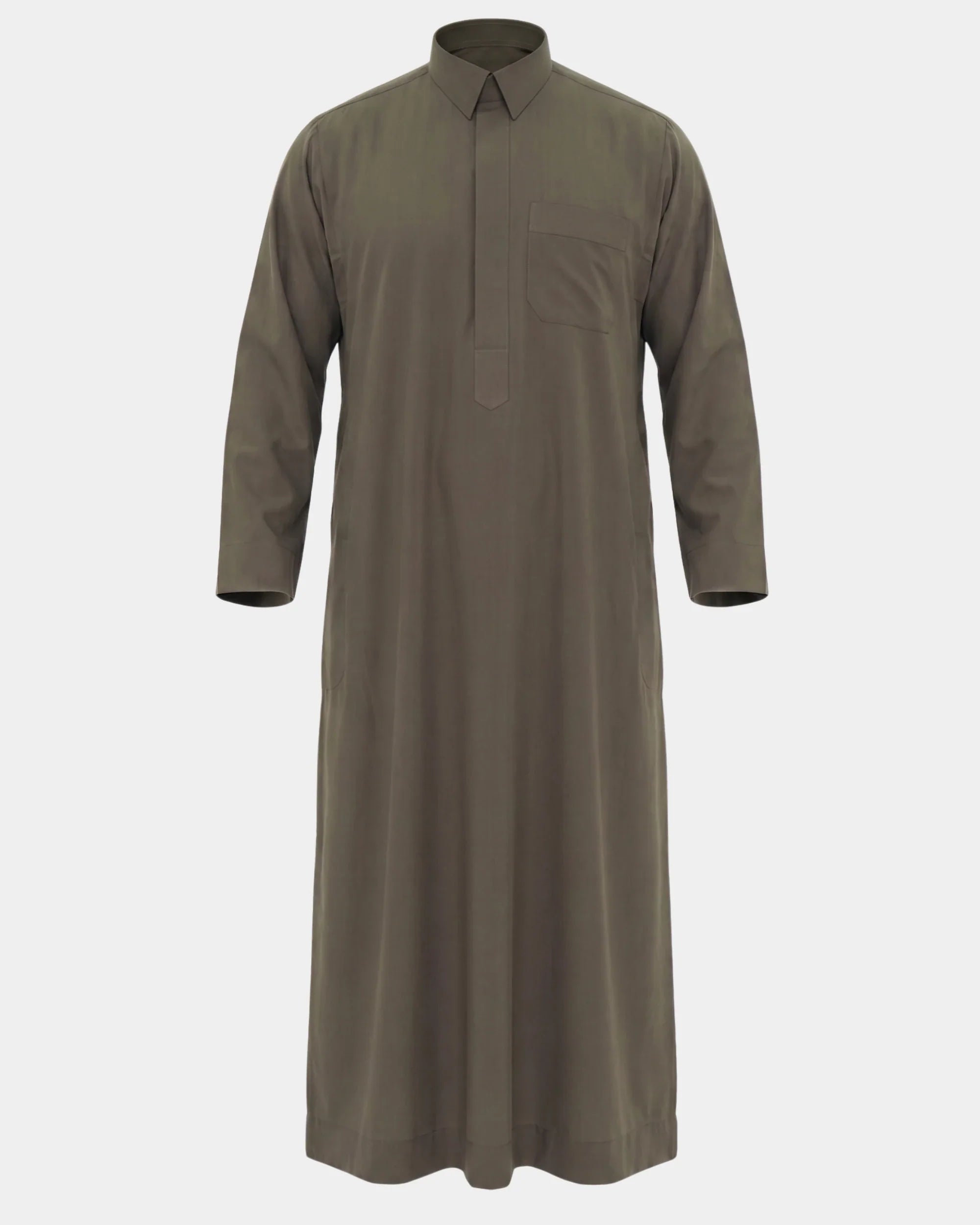 Qamis qatari kaki Al Rezam vue de face, col chemise et poche poitrine