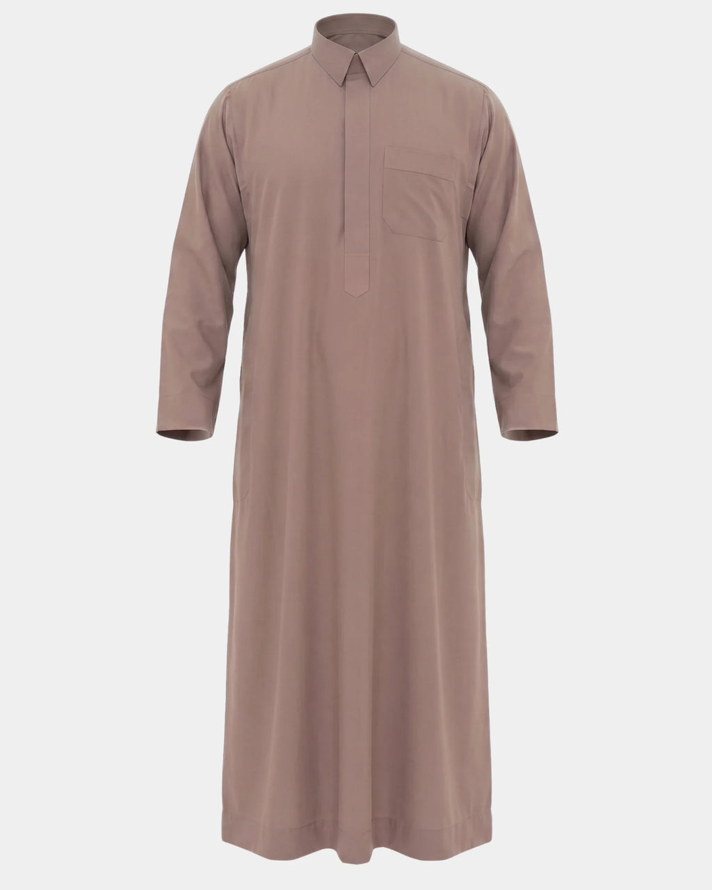 Qamis qatari taupe Al Rezam vue de face, col chemise et poche poitrine