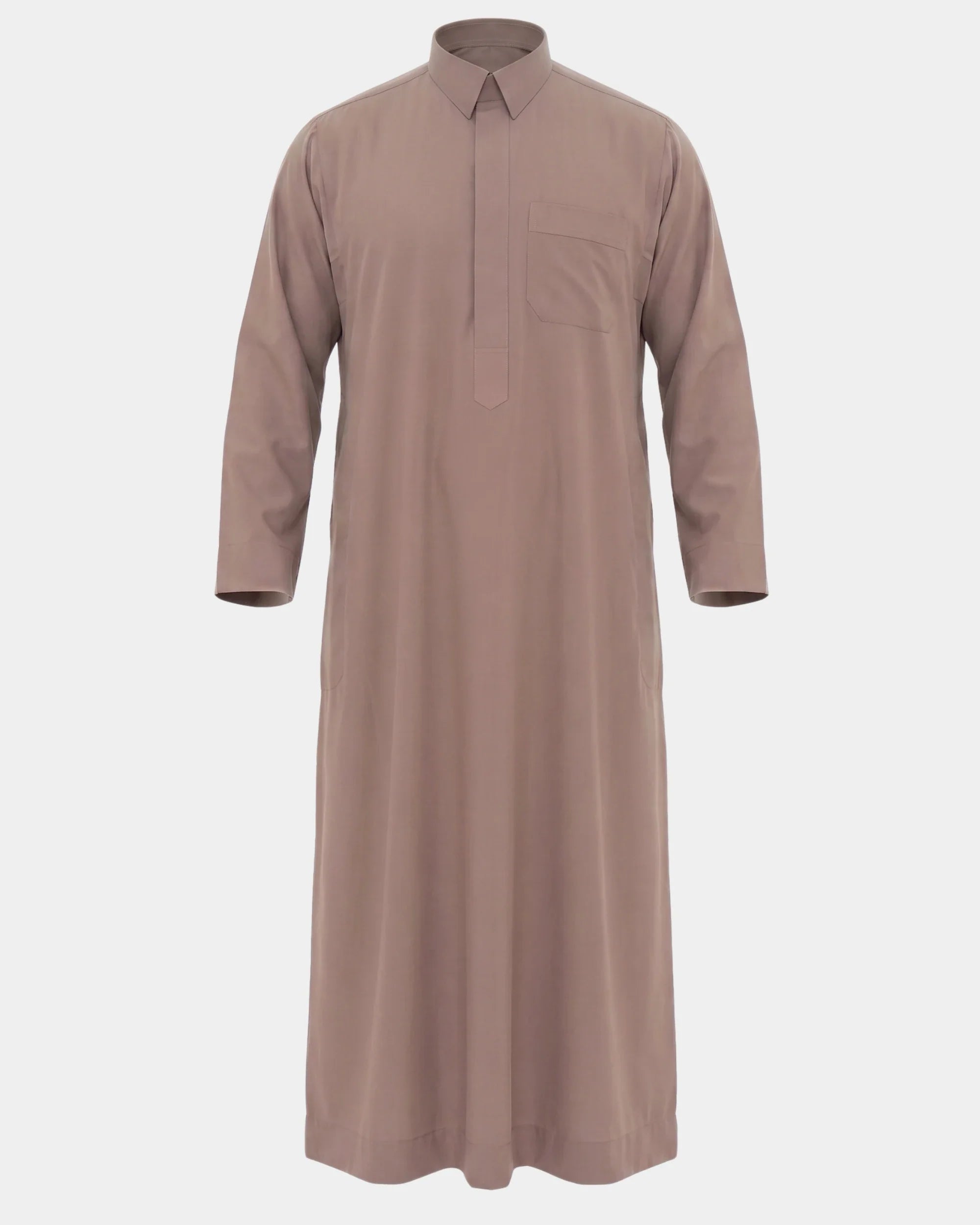 Qamis qatari taupe Al Rezam vue de face, col chemise et poche poitrine