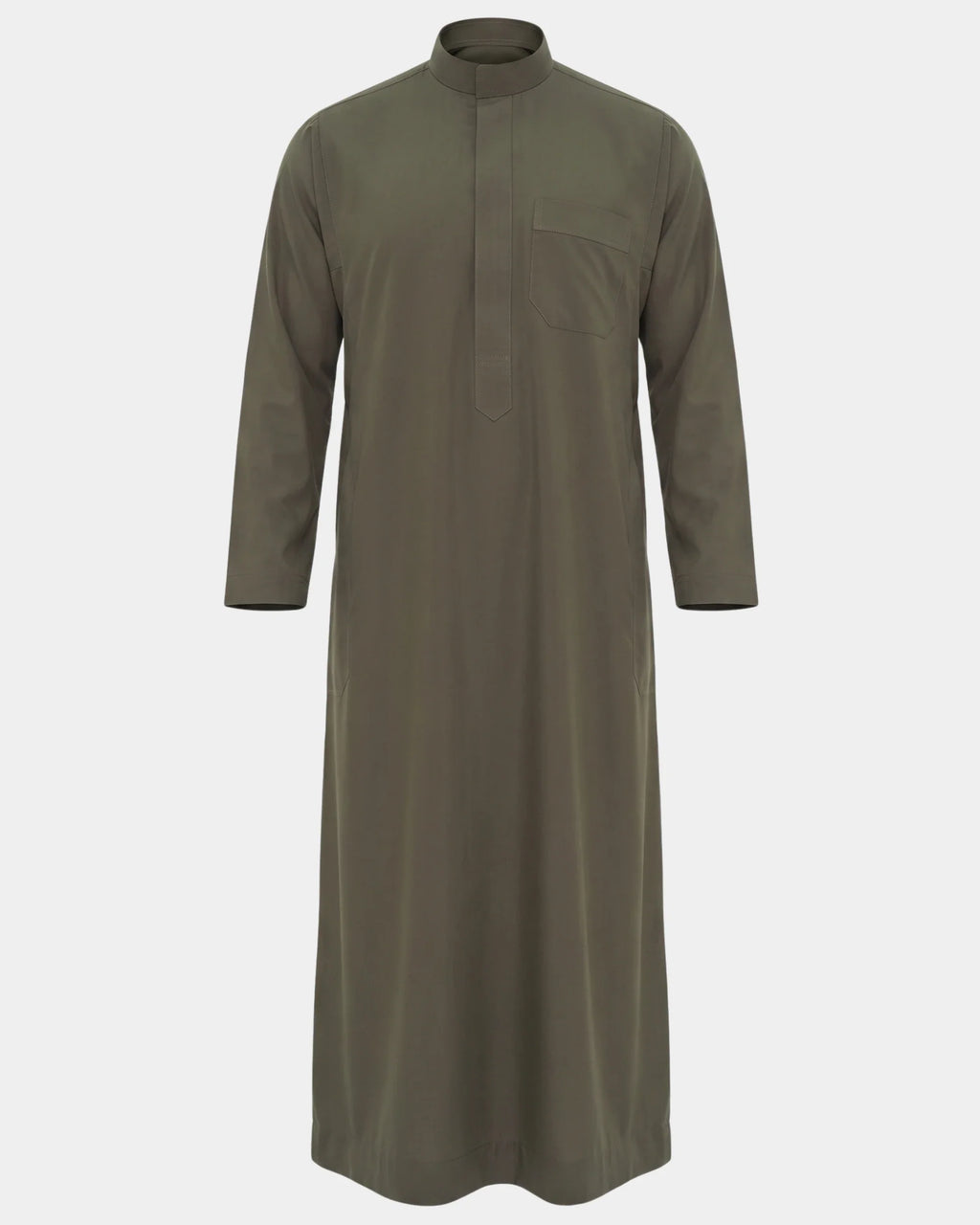 Qamis saoudien kaki Al Rezam vue de face, coupe droite avec col mao et poche poitrine
