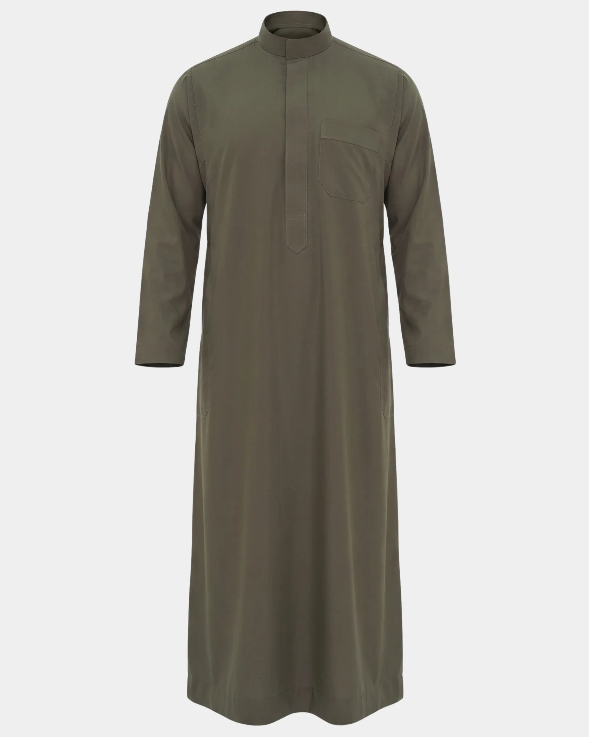 Qamis saoudien kaki Al Rezam vue de face, coupe droite avec col mao et poche poitrine