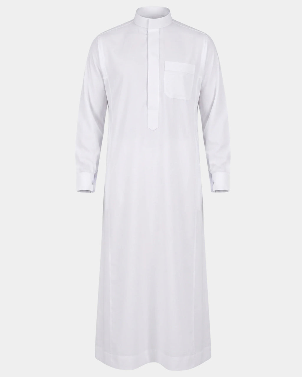 Qamis saoudien blanc Al Rezam à manchettes rigides boutonnées, vue de face, col mao et poche poitrine