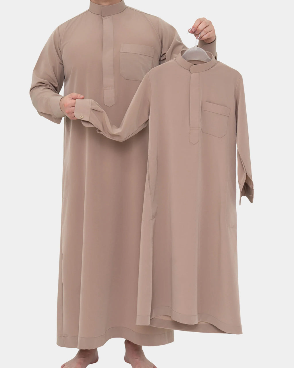 Détail du col mao boutonné du qamis saoudien enfant à manchettes taupe Al Rezam