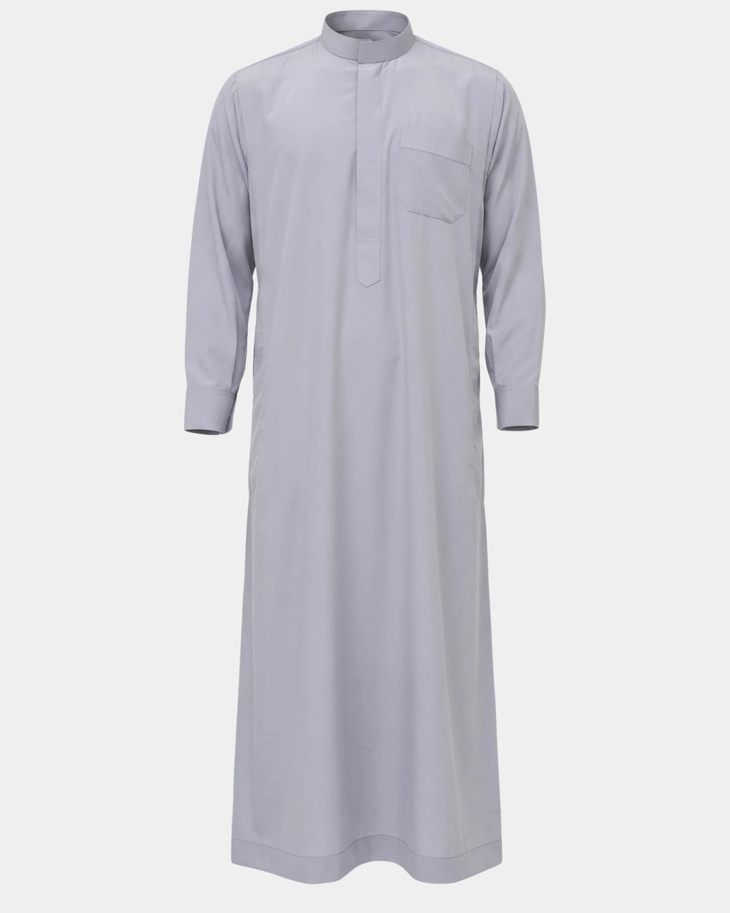 Qamis saoudien gris Al Rezam à manchettes rigides boutonnées, vue de face, col mao et poche poitrine