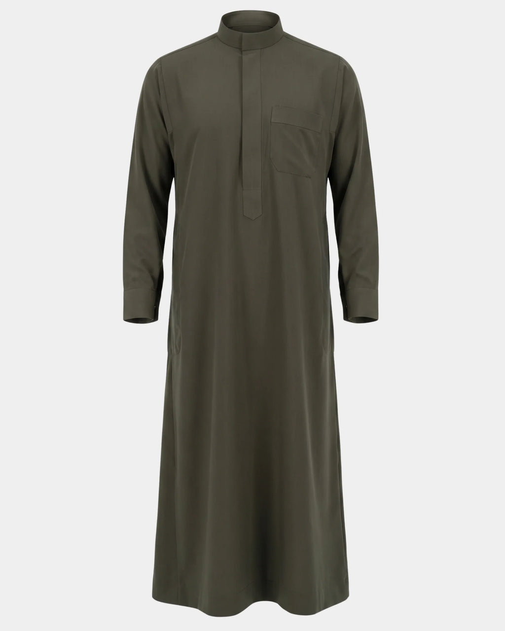 Qamis saoudien kaki Al Rezam à manchettes rigides boutonnées, vue de face, col mao et poche poitrine
