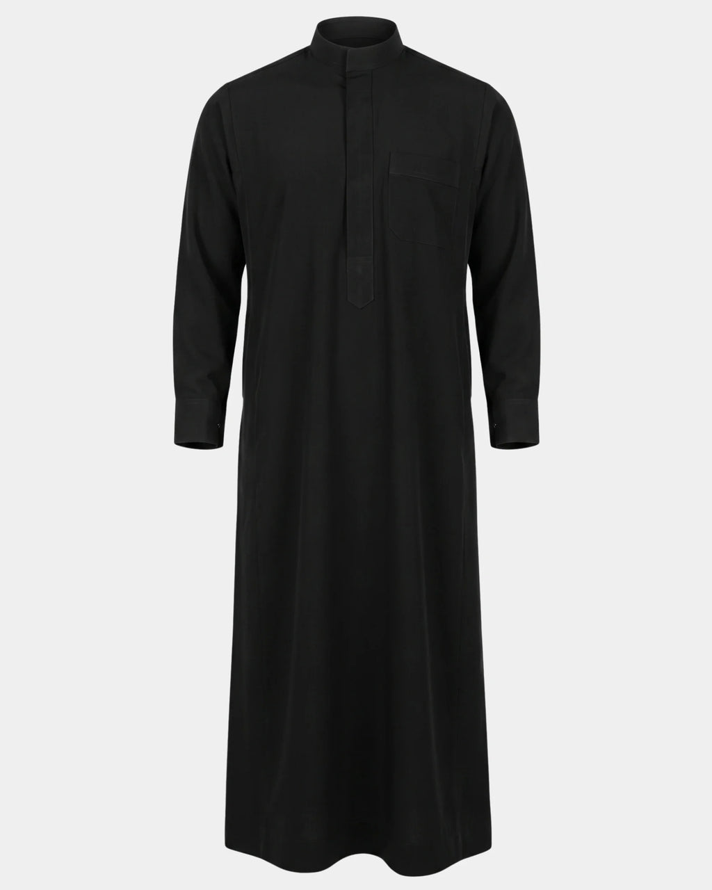 Qamis saoudien noir Al Rezam à manchettes rigides boutonnées, vue de face, col mao et poche poitrine