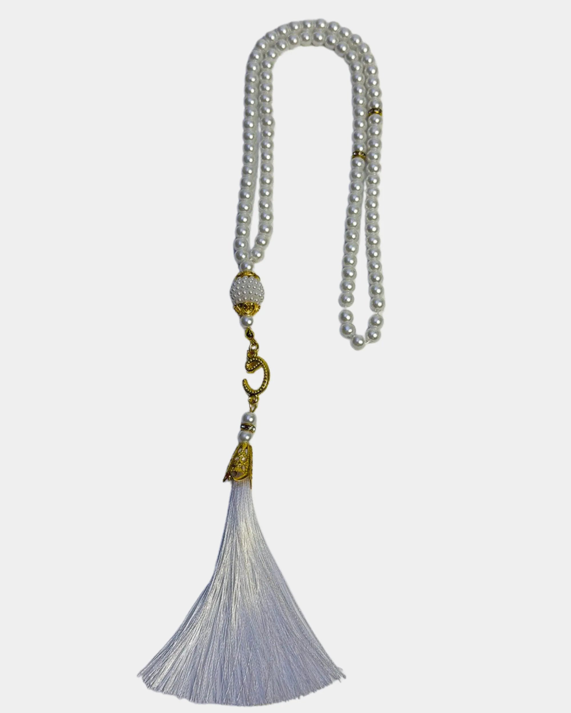 Tasbih blanc perlé 99 perles avec pompon blanc
