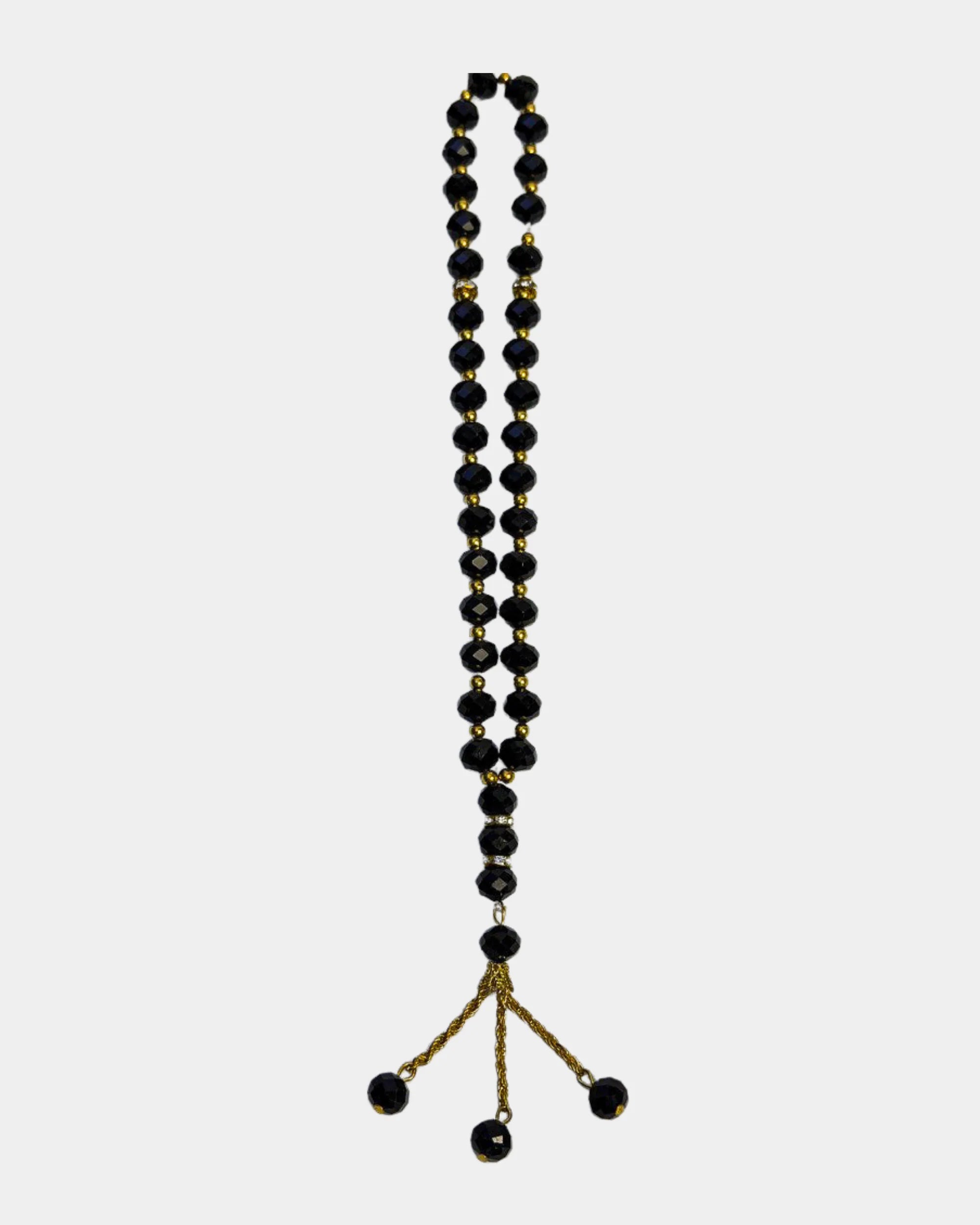 Tasbih noir 33 perles forme diamant, séparateurs dorés
