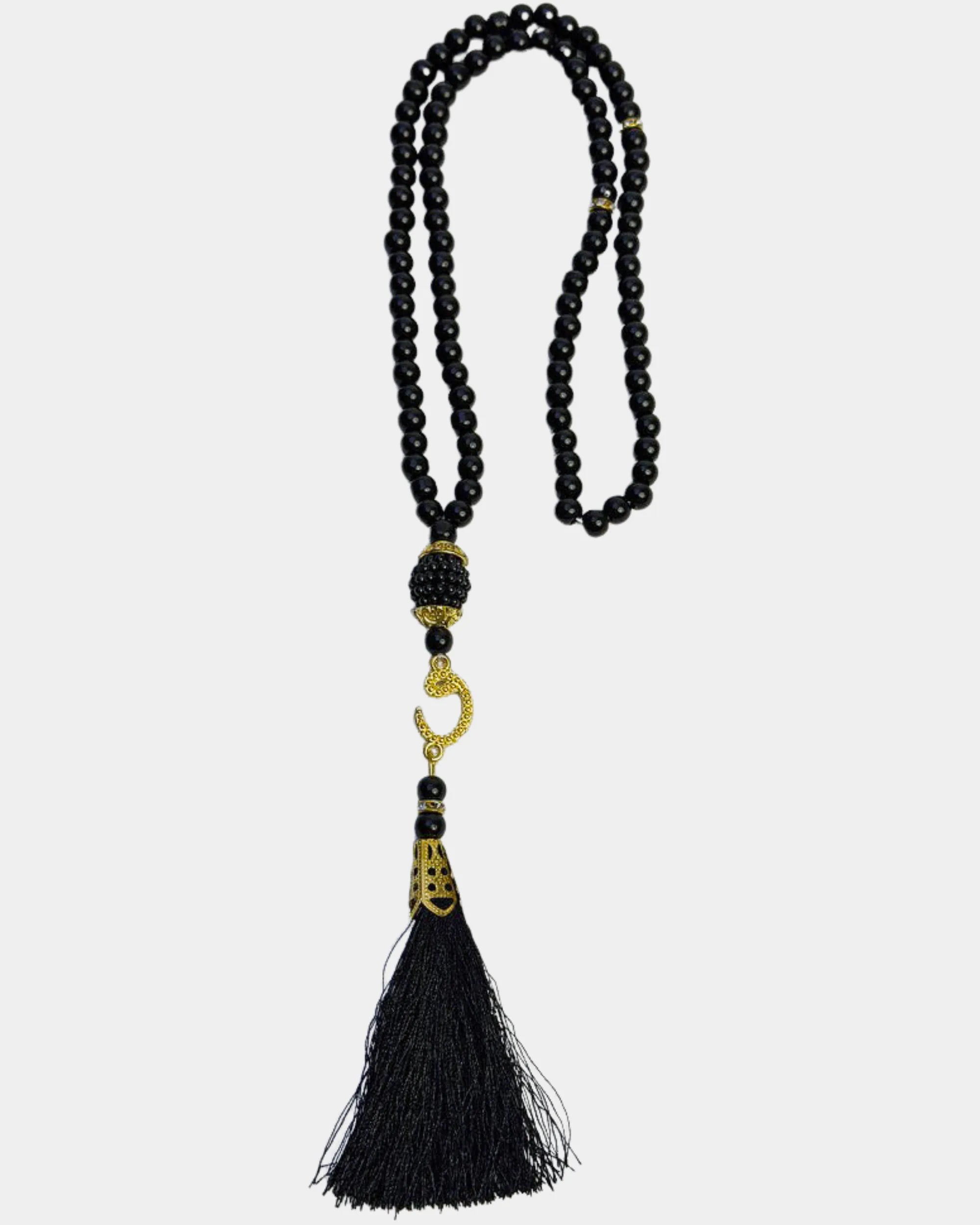 Tasbih noir 99 perles avec finitions dorées et pompon assorti